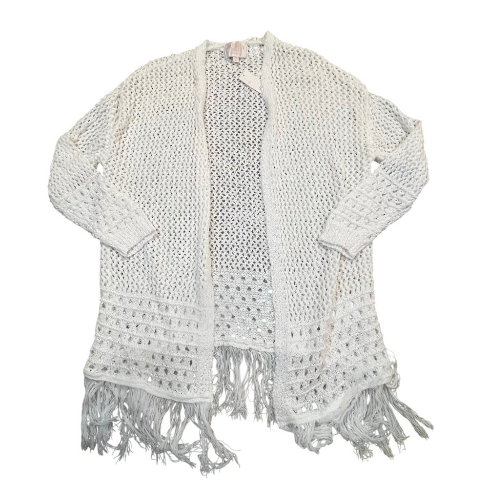 NEW Francesca’s Audrey Parks White‎ Open Knit Fringe Cardigan Boho XS